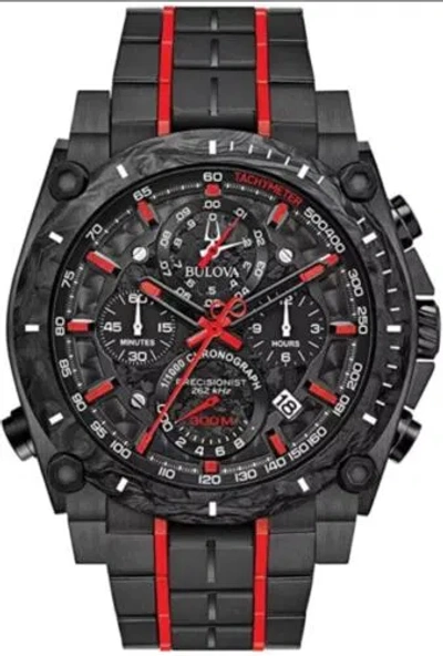 Pre-owned Bulova Men's Precisionist Quartz Chronograph Red Accents 46mm Watch 98b313 In Black