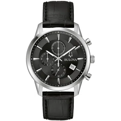 Bulova Classic Sutton Mens Chronograph Black Leather Strap Watch 96b403 In Brown