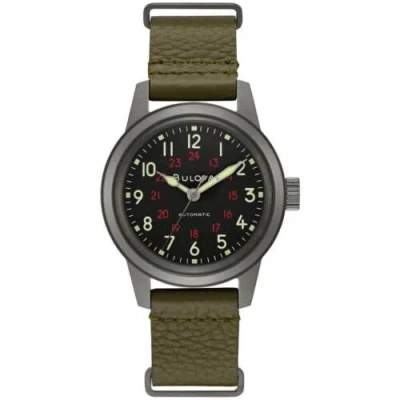 Pre-owned Bulova Men's Watch Hack Mineral Automatic Black Dial Green Leather Strap 98a255