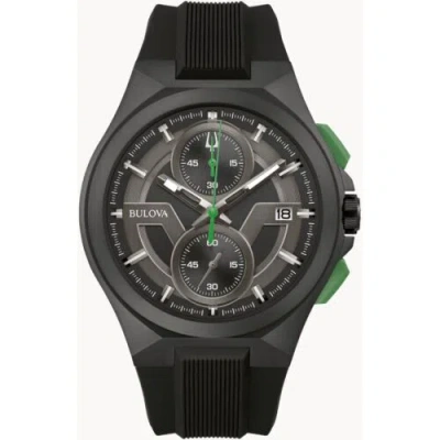 Pre-owned Bulova Men's Watch Maquina Chrono Black And Dark Grey Dial Rubber Strap 98b381
