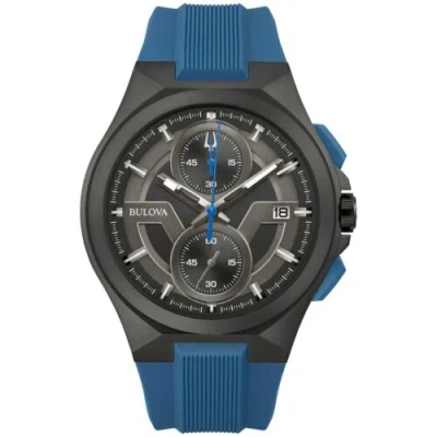 Pre-owned Bulova Men's Watch Maquina Chrono Dark Grey And Black Dial Blue Strap 98b380