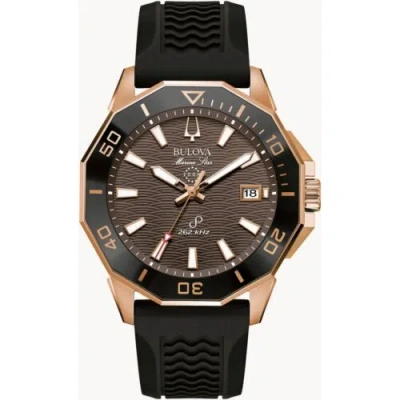 Pre-owned Bulova Men's Watch Marine Star Brown Dial Rose Gold Case Black Strap 98b421