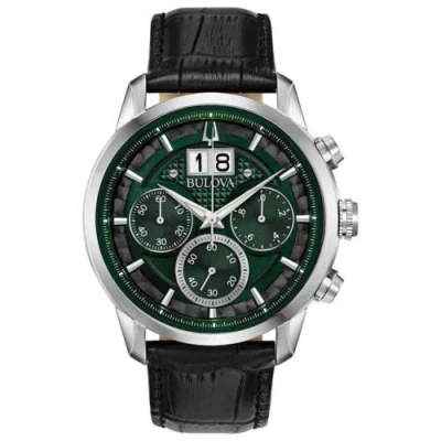 Pre-owned Bulova Men's Watch Sutton Chronograph Green Dial Black Leather Strap 96b310