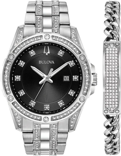 Pre-owned Bulova Mencrystal Accented Gift Set With 3hand Date Quartz Watch And Id Bracelet