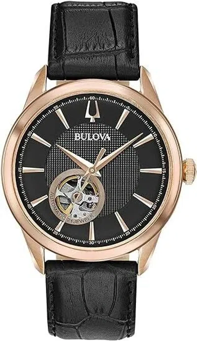 Pre-owned Bulova Mens Automatic Classic Rose Gold Case Black Leather Watch 41 Mm 97a140
