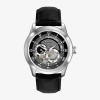 Bulova Mens Black Leather Automatic Skeleton-dial Watch In Black