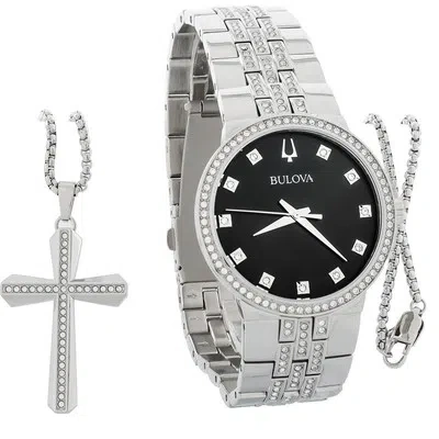 Pre-owned Bulova Mens Crystal Stainless Steel Black Dial Quartz Watch Boxed Set 96k110