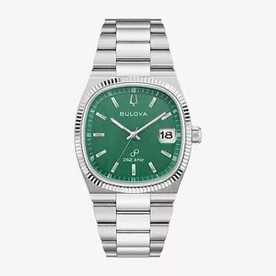 Bulova Mens Silver Tone Stainless Steel Bracelet Watch 96b439 In Green