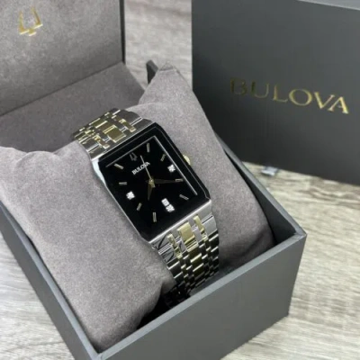 Pre-owned Bulova New✅  Quadra Diamond Date Black Dial Rectangle Two Tone Men's Watch 98d153