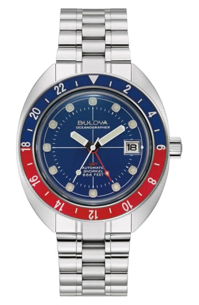 Bulova Men's Automatic Oceanographer Gmt Stainless Steel Bracelet Watch 41mm In Red) /  Two Tone  / Blue