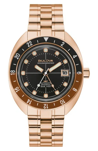 Bulova Men's Automatic Oceanographer Gmt Rose Gold-tone Stainless Steel Bracelet Watch 41mm In Black/rose Gold