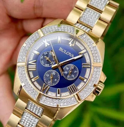 Pre-owned Bulova Octava 98c128 Crystal Six Hand Blue Dial Dress Men's Watch