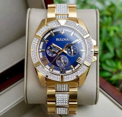 Pre-owned Bulova Octava Crystal Six Hand Blue Dial Dress Men's Watch 98c128