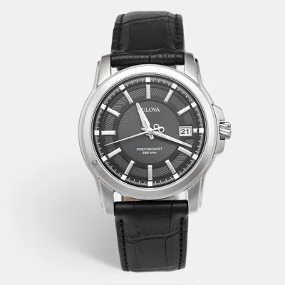 Pre-owned Bulova Precisionist 96b158 Black Dial Stainless Steel Leather Men's Wristwatch 43 Mm In Blue