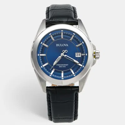 Pre-owned Bulova Precisionist 96b257 Blue Dial Stainless Steel Leather Men's Wristwatch 43 Mm