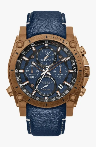Pre-owned Bulova Precisionist 97b186 Men's Chronograph Watch Blue Dial Leather Band