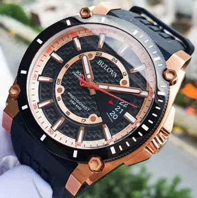 Pre-owned Bulova Precisionist Icon Rose Gold Black Dial Polyurethane Men's Watch 98b152