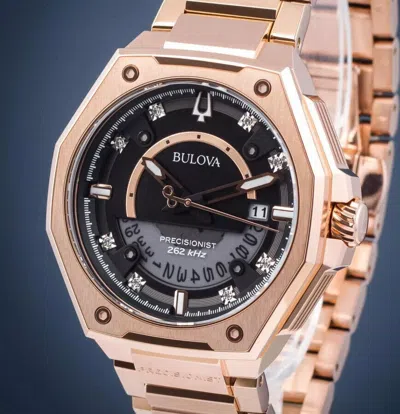 Pre-owned Bulova Precisionist X Diamond Sapphire Rose Gold Black Dial Men's Watch 97d129