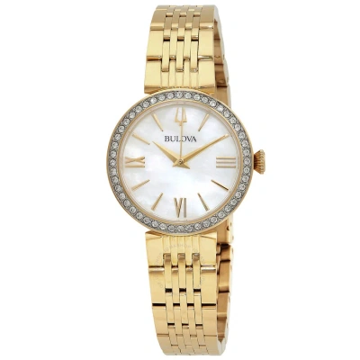 Bulova Quartz Crystal White Mother Of Pearl Dial Ladies Watch 98x122 In Gold