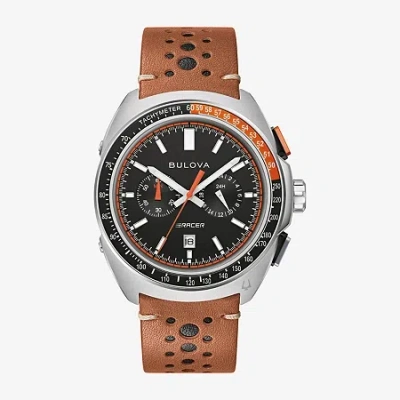 Bulova Racer Mens Chronograph Brown Leather Strap Watch 98b427 In Black