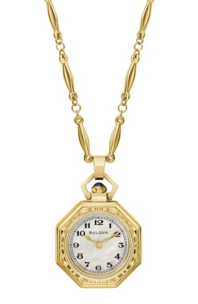 Bulova Rubaiyat Mother-of-pearl Pendant Necklace Watch, 28.8mm In Gold