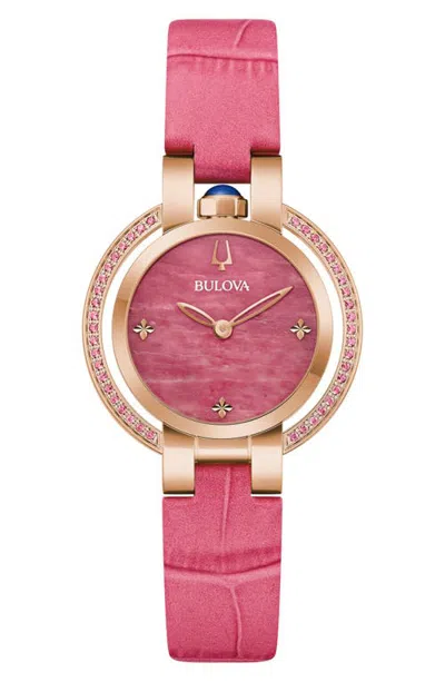 Bulova Rubaiyat Sapphire Leather Strap Watch, 30mm In Rose Gold-tone