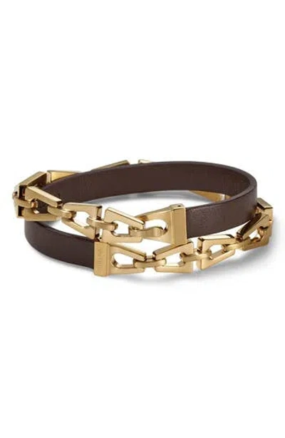 Bulova Stainless Steel & Leather Wrap Bracelet In Brown