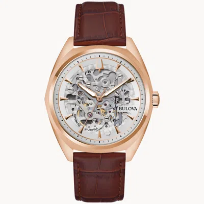 Pre-owned Bulova Surveyor 97a175 Skeleton Automatic Rose Gold Band 41mm Watch