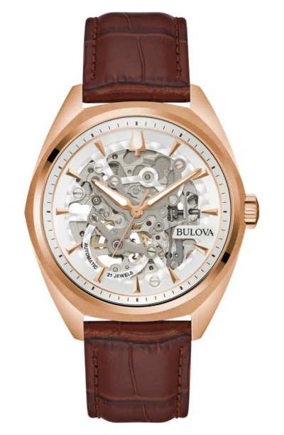 Bulova Surveyor Automatic Leather Strap Watch, 41mm In Rose Goldone