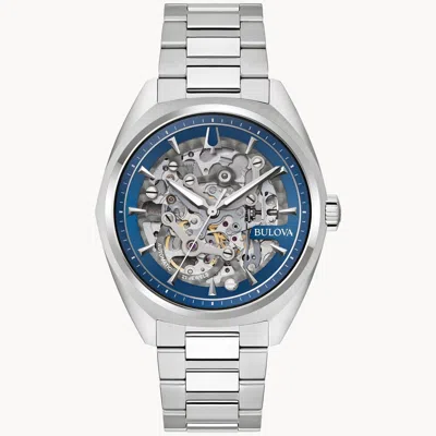 Pre-owned Bulova Surveyor Automatic Skeleton Blue Dial Stainless Steel 41mm Watch 96a292