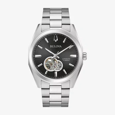 Bulova Surveyor Mens Automatic Silver Tone Stainless Steel Bracelet Watch 96a270 In Transparent
