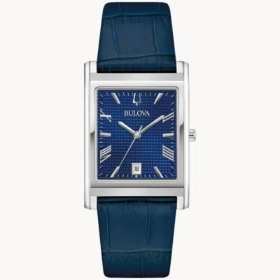 Pre-owned Bulova Sutton 96b442 Classic Rectangle Quartz Sapphire Blue Dial Blue Leather