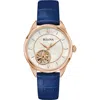 Bulova Women's Sutton Automatic Navy Blue Leather Strap Watch 34.5mm In Blue/rose Goldone