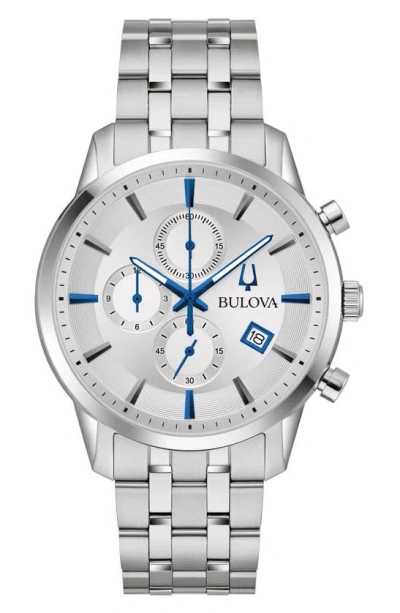 Bulova Men's Chronograph Classic Sutton Stainless Steel Bracelet Watch 41mm In Blue / Silver