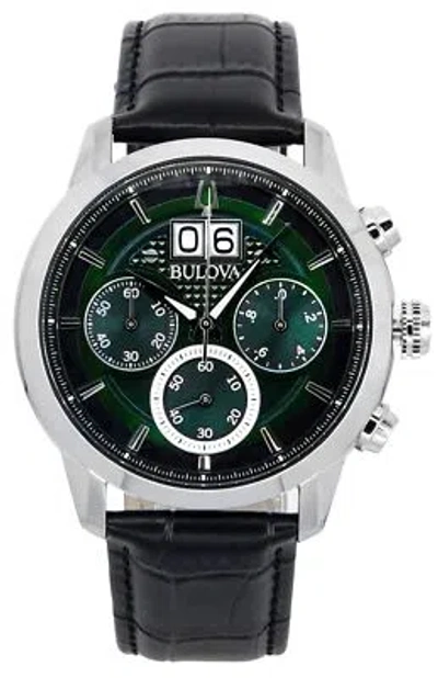 Pre-owned Bulova Sutton Classic Chronograph Leather Strap Green Dial 96b310 30m Mens Watch