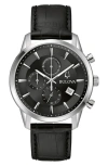 Bulova Men's Chronograph Classic Sutton Black Leather Strap Watch 41mm In Silverone