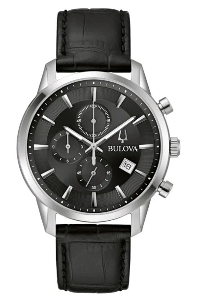 Bulova Men's Chronograph Classic Sutton Black Leather Strap Watch 41mm