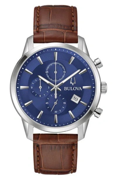 Bulova Men's Chronograph Classic Sutton Brown Leather Strap Watch 41mm In Blue / Brown