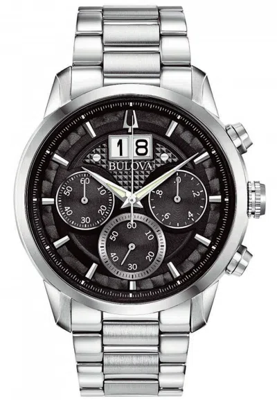 Pre-owned Bulova Sutton Stainless Steel Black Dial Men's Chronograph Watch 96b319