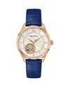 Bulova Women's Sutton Automatic Navy Blue Leather Strap Watch 34.5mm In White/blue