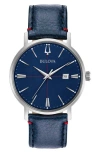 Bulova Three Hand Quartz Leather Strap Watch, 39mm In Blue