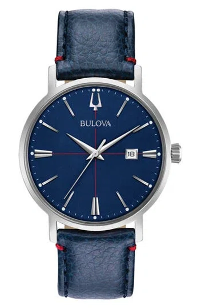 Bulova Three Hand Quartz Leather Strap Watch, 39mm In Blue