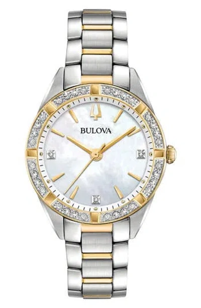 Bulova Women's Sutton Diamond (1/10 Ct. T.w.) Two-tone Stainless Steel Bracelet Watch 32.5mm In White