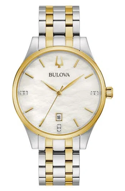 Bulova Two-tone Mother-of-pearl & Diamond Bracelet Watch, 36mm In Gold