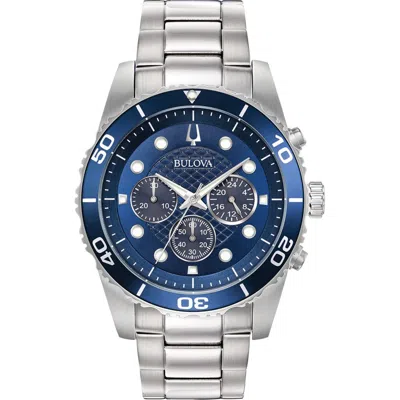 Bulova Water Resistant Bracelet Strap Chronograph Watch, 43mm In Blue/silver