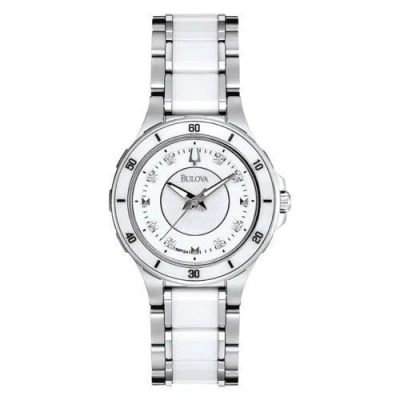 Pre-owned Bulova Women's 98p124 Dress White Diamond Markers Ceramic Stainless Steel Watch