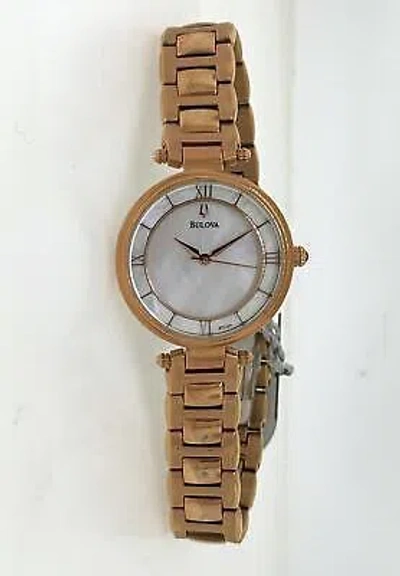 Pre-owned Bulova Women's Analog Round Rose Gold Tone Mother Of Pearl Dress Watch 97l124