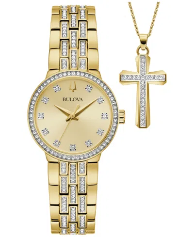 Bulova Women's Crystal Gold-tone Stainless Steel Bracelet Watch 29mm Gift Set In No Color