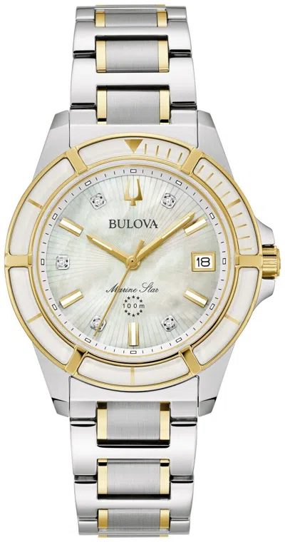 Pre-owned Bulova Women's Marine Star Quartz Date Indicator Silver Gold Watch 34mm 98p215