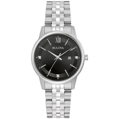 Pre-owned Bulova Women's Quartz Date Indicator Silver-tone Black Dial Watch 32mm 96p226